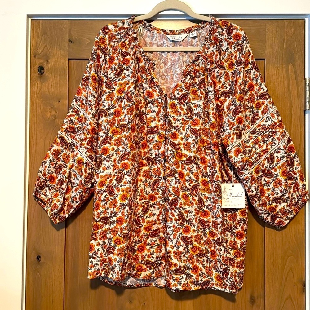 NWT Caffe Marrakesh button down Peasant Pirate Floral Crochet blouse Womens 2X